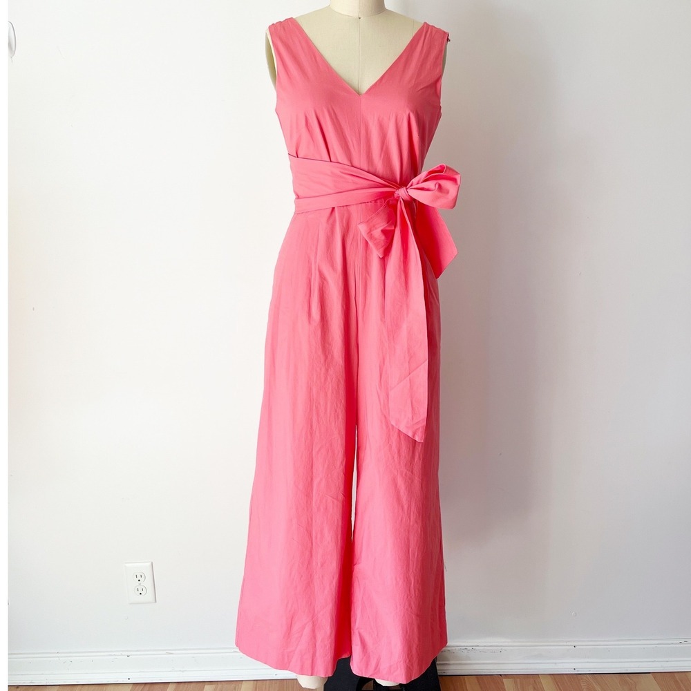 J.Crew Jumpsuit Pink Wide Leg V-Neck Bow Wrap Waist Cutout Back Cotton Size 2